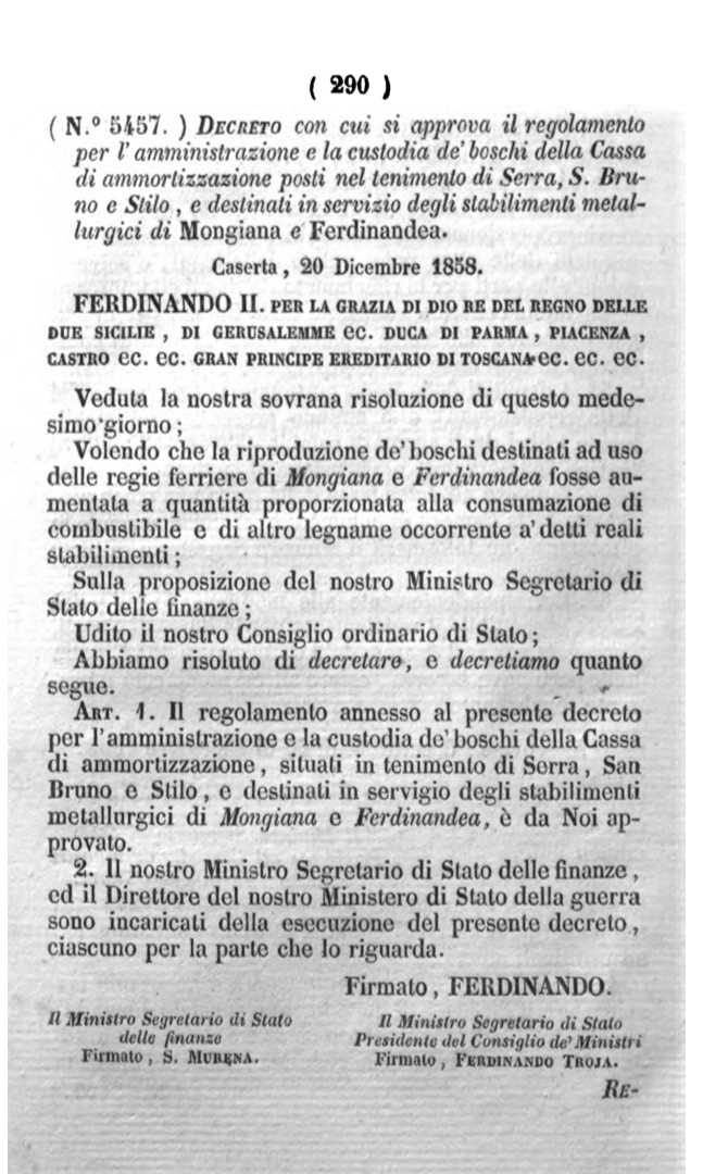 1858 decreto Mongiana e San Bruno